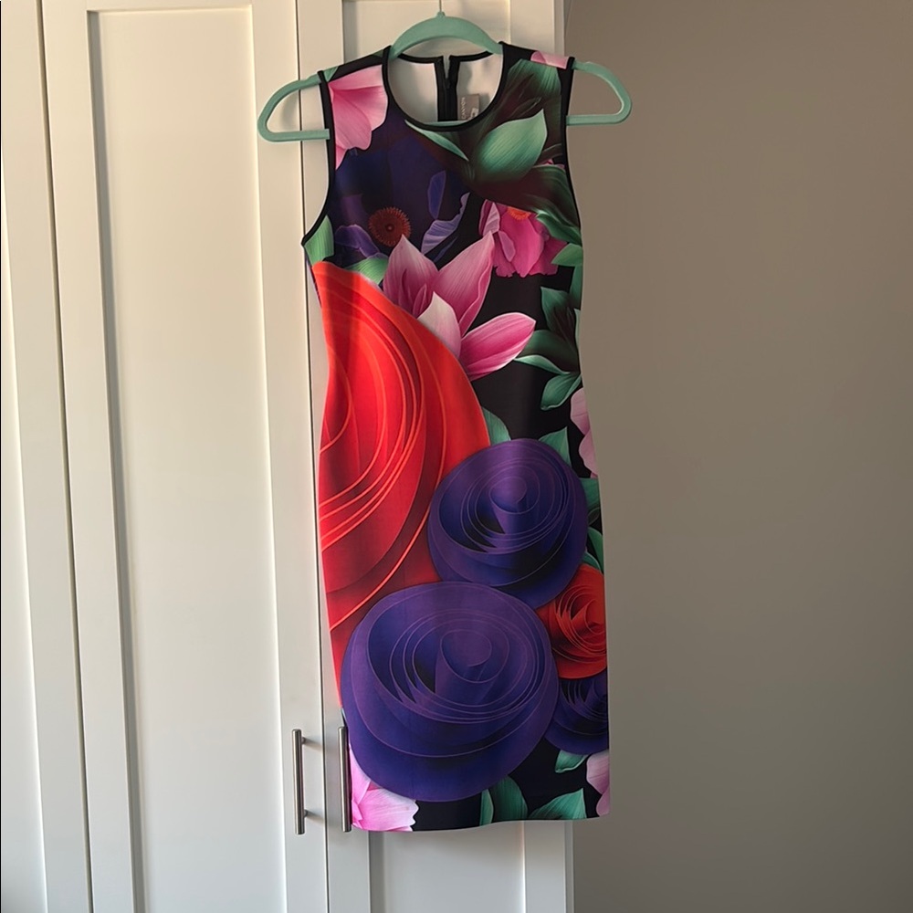 Clover Canyon Red and Purple Sheath Cocktail Dress fits like a glove